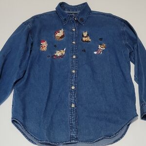 Solutions Festive Cat Embroidered Denim Button Down Shirt
